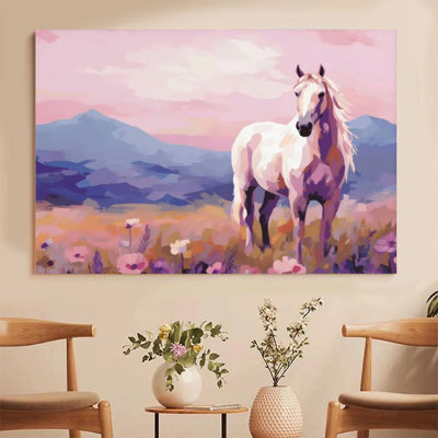 1Pc Framed Canvas Poster Print White horse, flower field mountain scenery, impressionist style Wall Art Decor, Perfect for Room Decor Living Room Bedroom Office Kitchen Bathroom Home Decor, Ideal Home Wall Decoration Gift