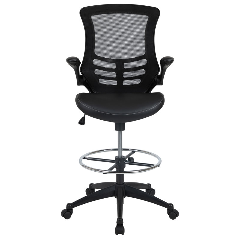 Mid-Back Mesh Ergonomic Drafting Chair with Adjustable Foot Ring and Flip-Up Arms, Black