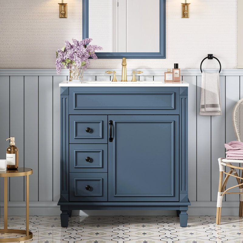 Meuble-lavabo de 30 po avec lavabo en céramique, 2 tiroirs et tablette réglable, coulissant en douceur pour une salle de bain compacte