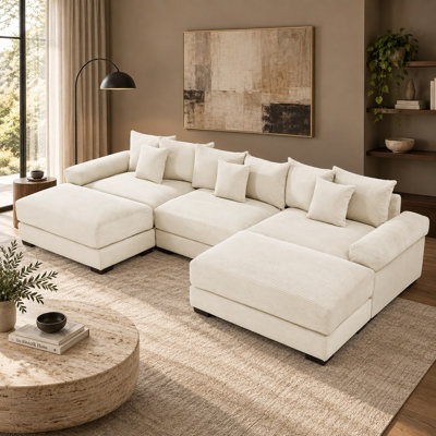 Canapé d'angle modulaire surdimensionné en velours côtelé, assise profonde avec larges accoudoirs rembourrés, beige, 3 places, 2 poufs