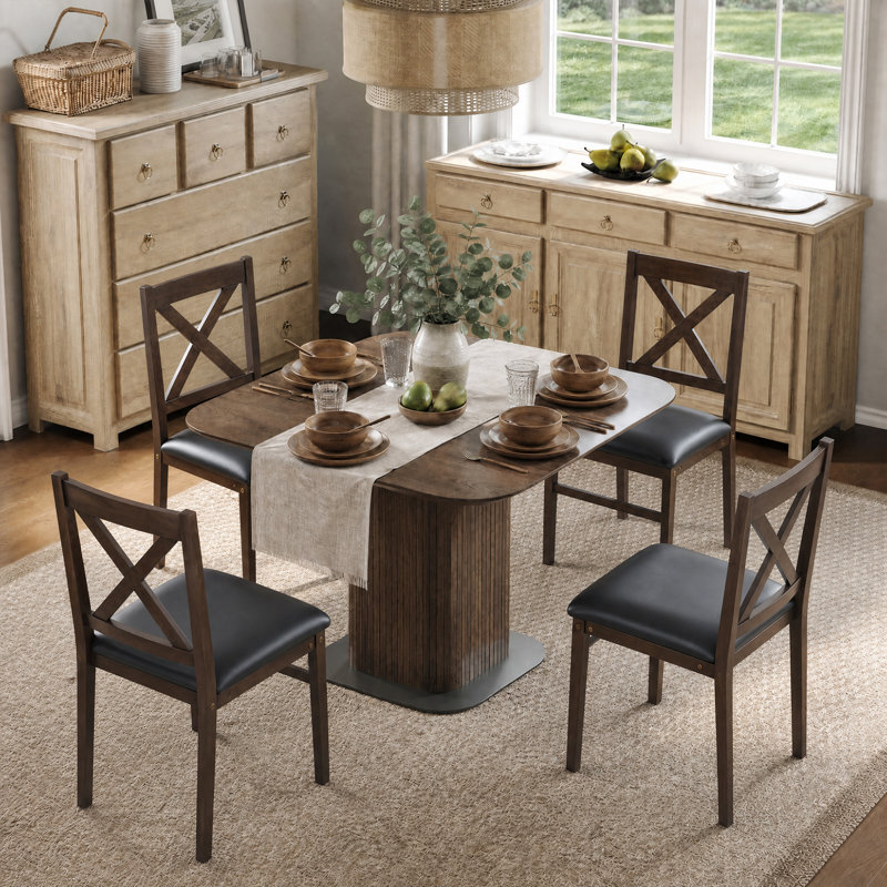 Padded Stackable Folding Dining Chairs with Solid Wood Frame, Dark Brown Frame/Black Seat