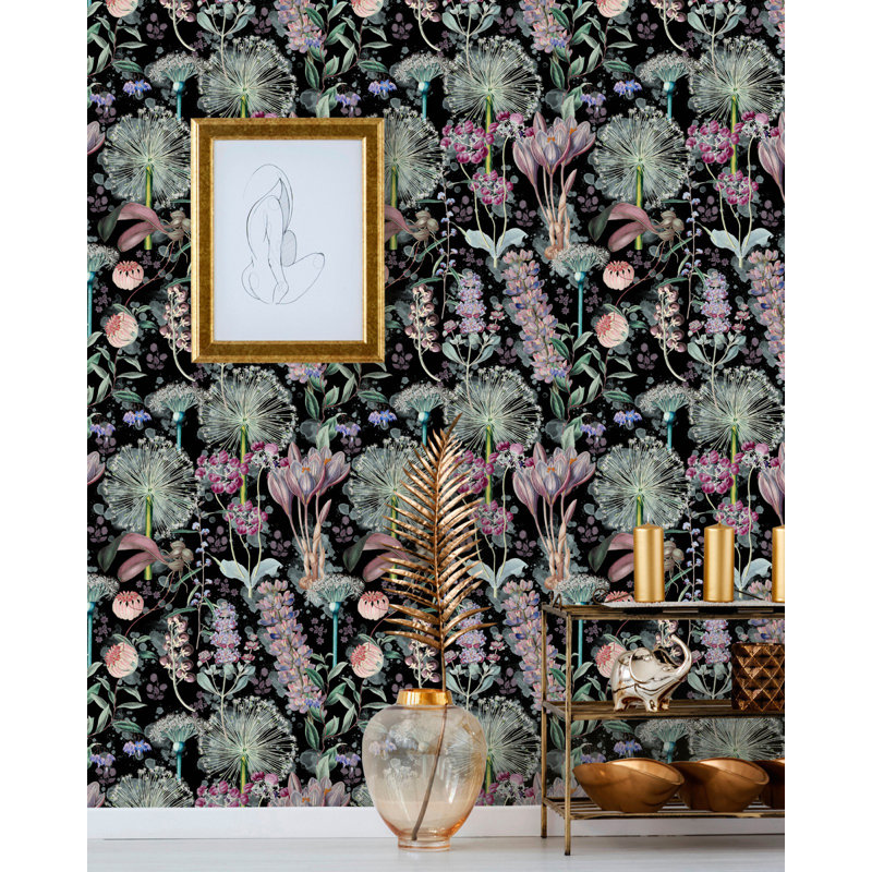 Florilegium Floral Wallpaper Roll, Mauve/Black