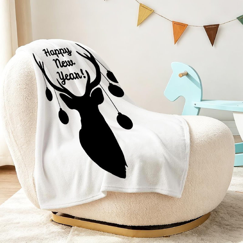 Jeté en molleton blanc ultra doux en flanelle, imprimé Sill Silhouette de tête de cerf, Jeté 30 po x 40 po