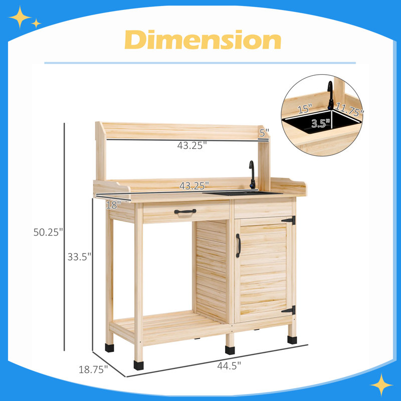 Table de rempotage avec évier, table de travail pour l'extérieur avec armoire de rangement et crochets, pour serre, jardin, patio