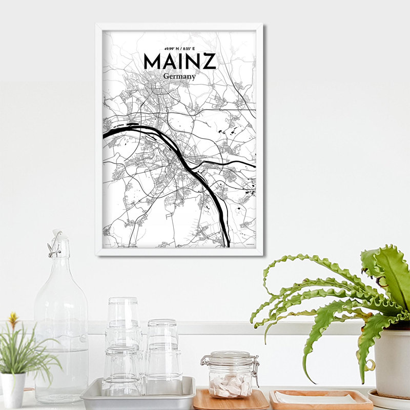 Mainz, carte de la ville, impression, H 27,6 po x l 19,7 po, Noir et blanc
