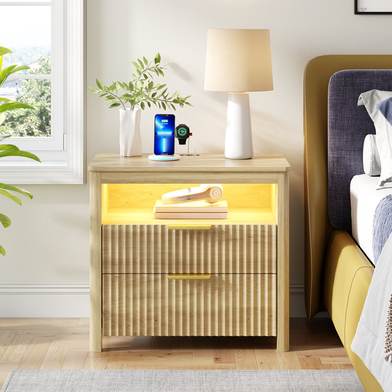 2-Drawer Nightstand With Hidden Storage And Human Sensor Light, Yellow Brown