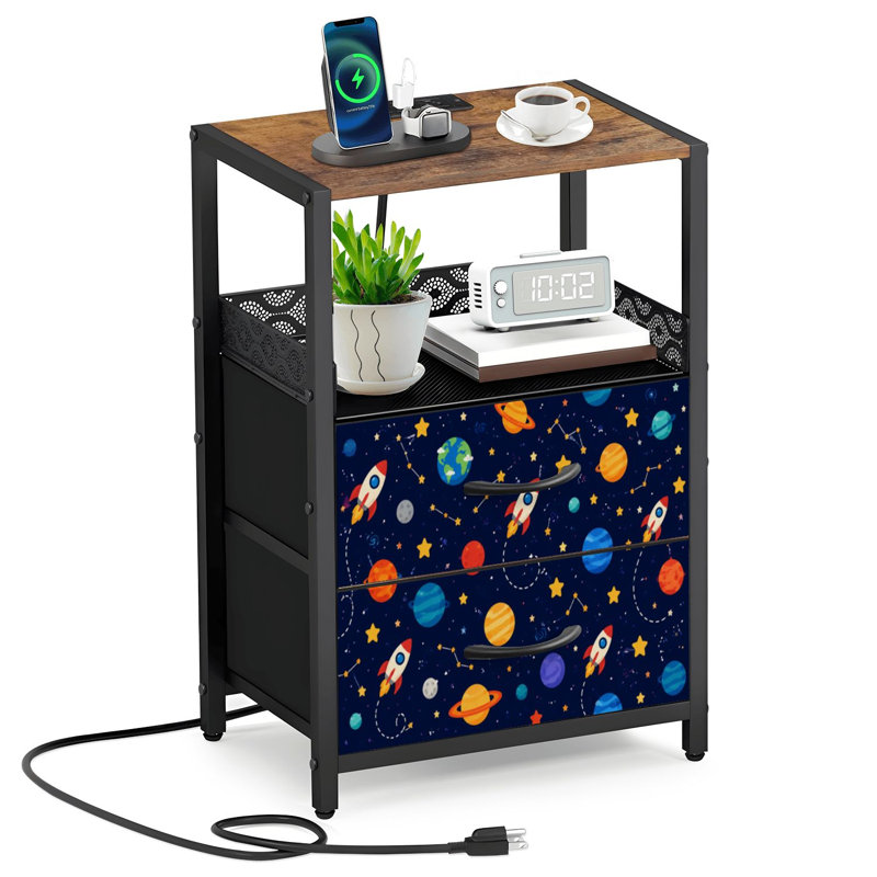 Table de chevet 2 tiroirs en tissu avec station de charge Thème de l'espace Système solaire pour enfants