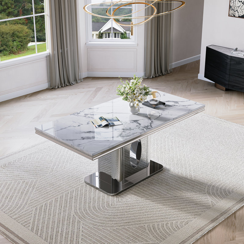 70.08”Faux Marble Top Pedestal Dining Table Set, Silver, White, Black/Silver