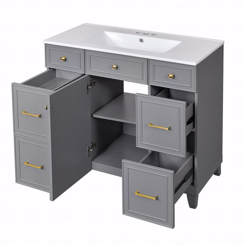 Meuble-lavabo 36 po avec lavabo en céramique gris, structure en bois massif, portes à fermeture en douceur, tablettes réglables, 3 tiroirs, y compris un tiroir à double profondeur pour le rangement du sèche-cheveux