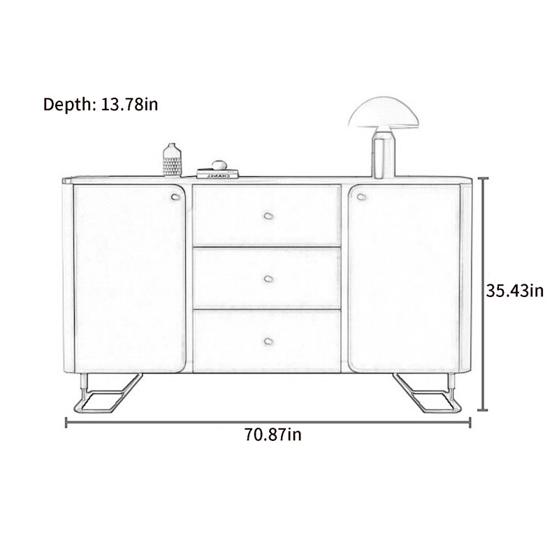 Buffet moderne en cuir avec rangement, Noyer / beige abricot / or