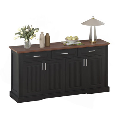 63" Fluted Sideboard Buffet Cabinet with Storage, Modern Coffee Bar Station with 4 Doors and 3 Drawers, Wood Kitchen Storage Console Table for Living Room Dining Room Entryway, Black