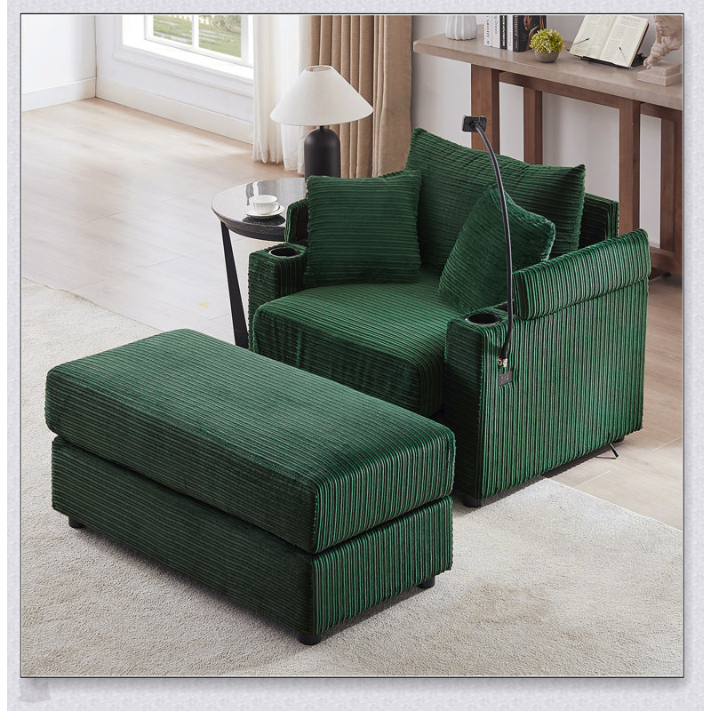 Canapé simple avec repose-pieds de rangement et ports USB - 2 porte-gobelets, support pour téléphone, revêtement en velours côtelé