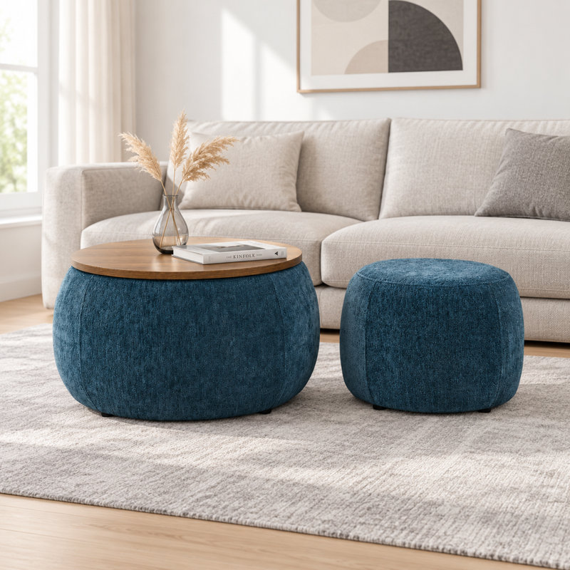 Pouf de rangement rond, pouf en rotin tressé, 2 en 1, Bleu
