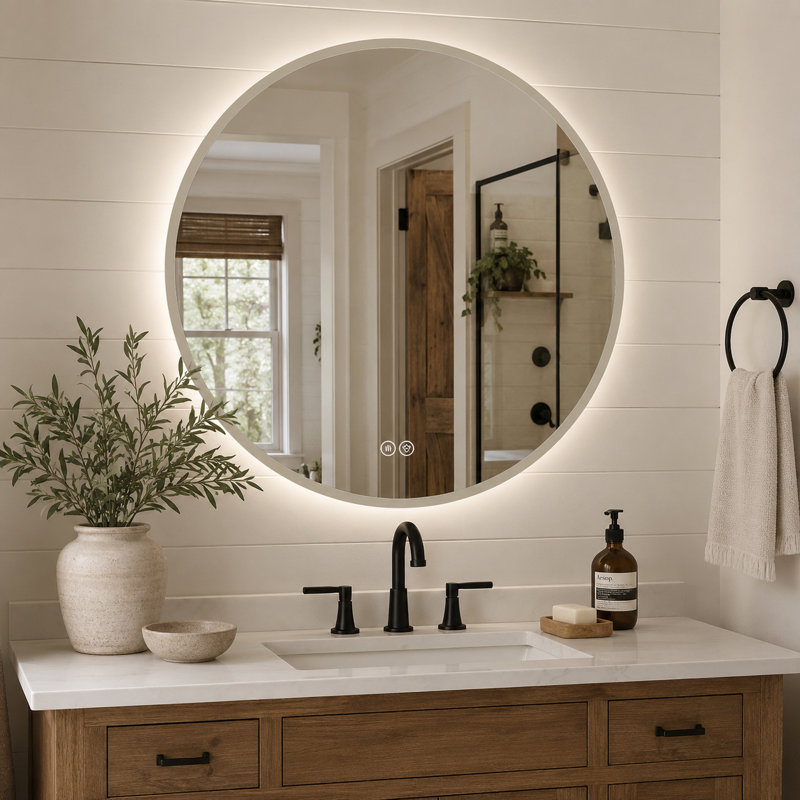 Miroir de salle de bain rond 24 po à DEL, lumière tricolore à intensité variable, antibuée, verre incassable HD, cadre kaki