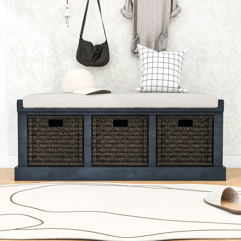 Rustic Storage Bench with 3 Rattan Baskets and Removable Cushion, Antique Navy