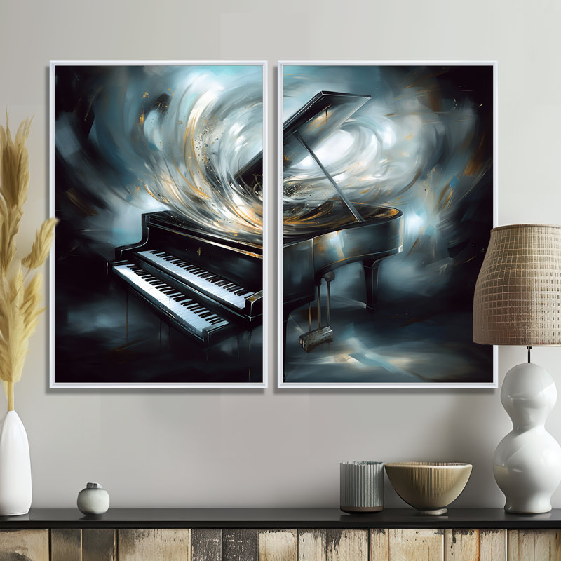 Piano abstrait I - musique surdimensionnée, art mural 2 panneaux, H 36 po x l 48 po, Impression encadrée flottante, Blanc
