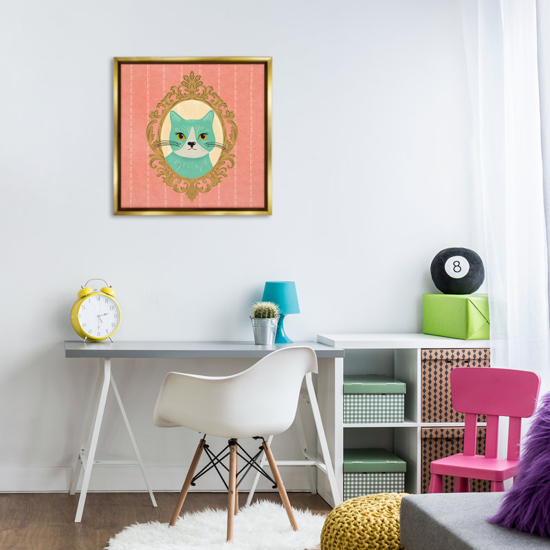 «Green Cat Portrait», art mural encadré flottant par Carrie Cantwell, H 25 po x l 25 po, Cadre flottant noir de jais