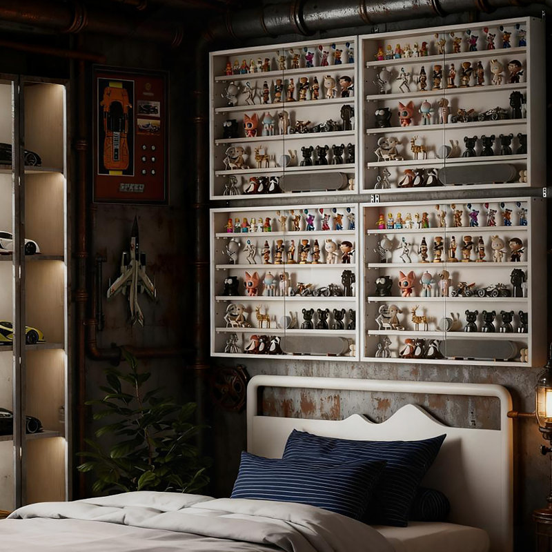 Vitrine murale à 5 niveaux avec portes en verre et tablettes réglables pour objets de collection et décor, Blanc