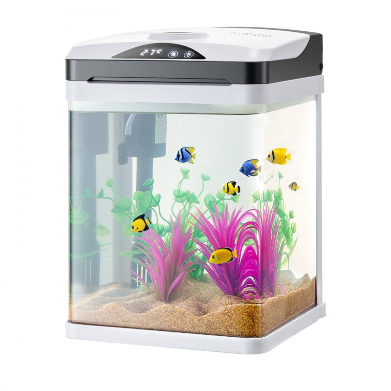 Aquarium carré de 7,5 litres (2 gallons) en verre ultra-transparent avec éclairage DEL, contrôle de la température et 7 couleurs réglables. Système autonettoyant. Convient aux poissons d'eau douce et d'eau de mer. Idéal pour la maison, le bureau ou comme animal de compagnie.