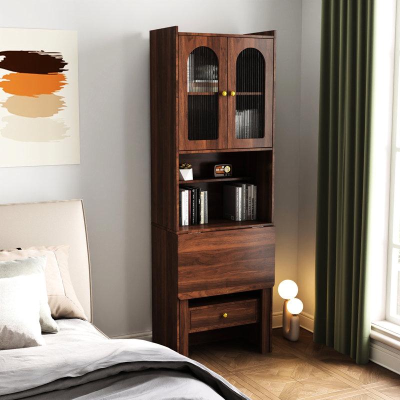 Armoire de bureau à domicile en noyer - Design dépliable avec tablette et tiroir de rangement