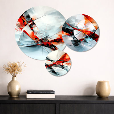 Fractal red and white Cubist Fight – Geometric Metal Wall Art Set of 3