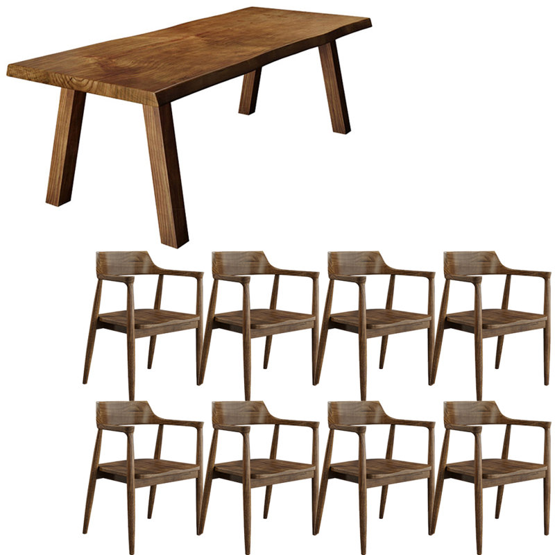 American style solid wood dining table set, 9, 29.5"H x 86.6"L x 35.4"W