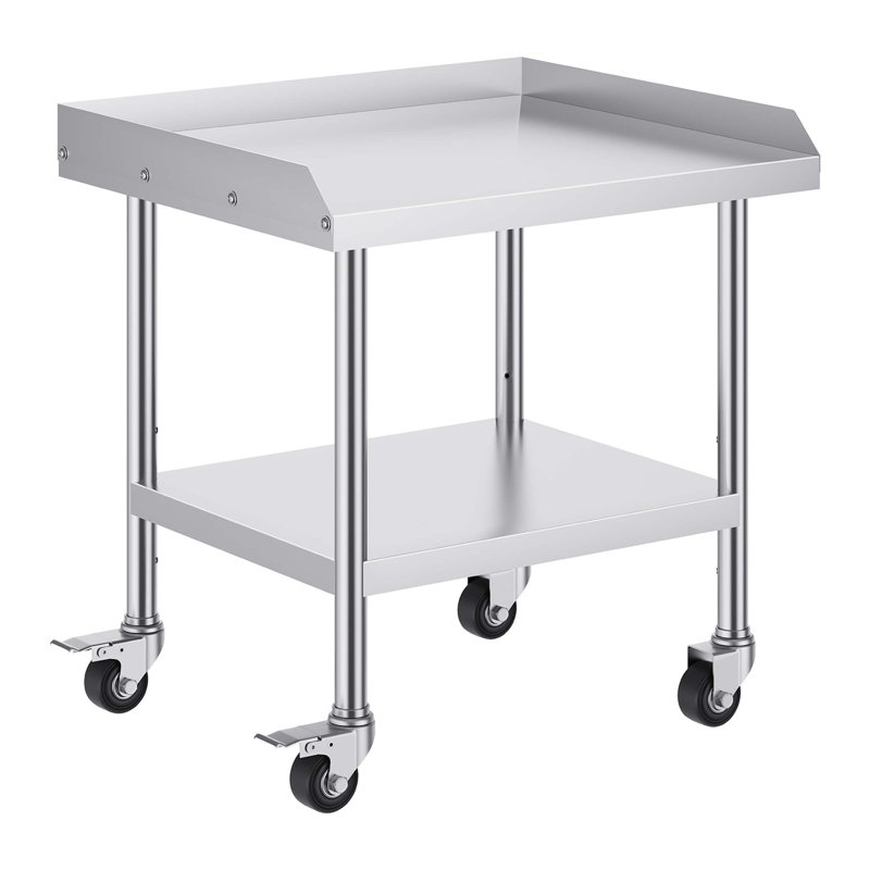 Table de travail en acier inoxydable durable avec 4 roues, dosseret à 3 côtés et tablettes réglables pour un usage commercial et domestique