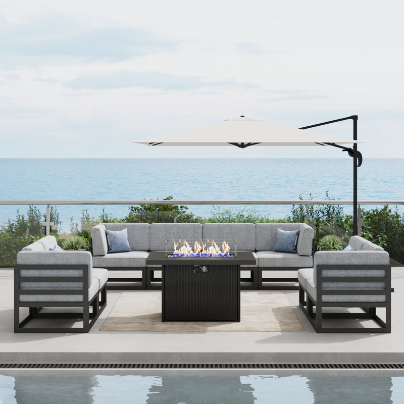  9 Pieces Modern Aluminum Patio Furniture Set With Fire Table, Outdoor Modular Sectional Conversation Set L-shaped Sofa For Backyard