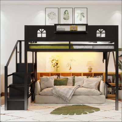 Lit mezzanine avec escalier, lit mezzanine en métal avec garde-corps hauts et en forme de maison, lit mezzanine haut avec garde-robe pour les enfants adolescents