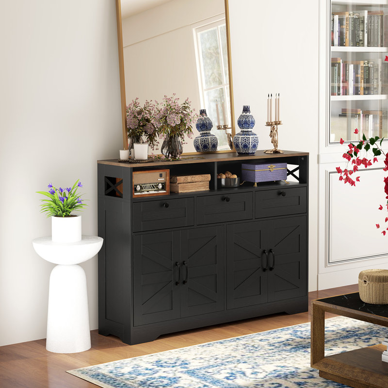 Buffet, buffet avec 4 portes de grange et 3 tiroirs, Noir, noir, noir, noir