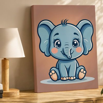 Toile, un joli éléphant de style dessin animé assis dans une pose d'art ludique avec de grands yeux expressifs et des oreilles surdimensionnées transportant une toile