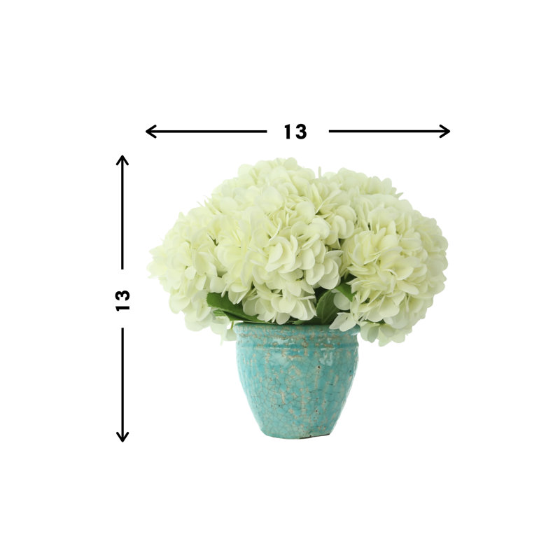 White Hydrangeas in Teal Ceramic Vase
