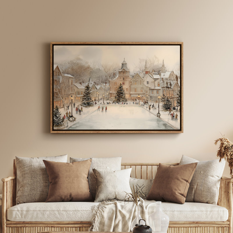 Art mural encadré sur toile - Village d'hiver avec scène de patinage sur glace - 16 po x 24 po, 24 po x 36 po, Naturel