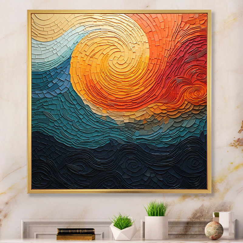 Teal Orange Op Art Rhythmic Illusion III - Abstract Wall Art Prints, H 16 po x l 16 po x P 1 po, Cadre flottant doré