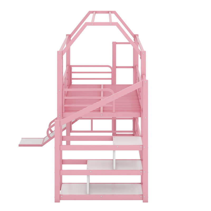 Metal House Loft Bed With Slide,Stairs And Storage Shelves, Twin, Pink