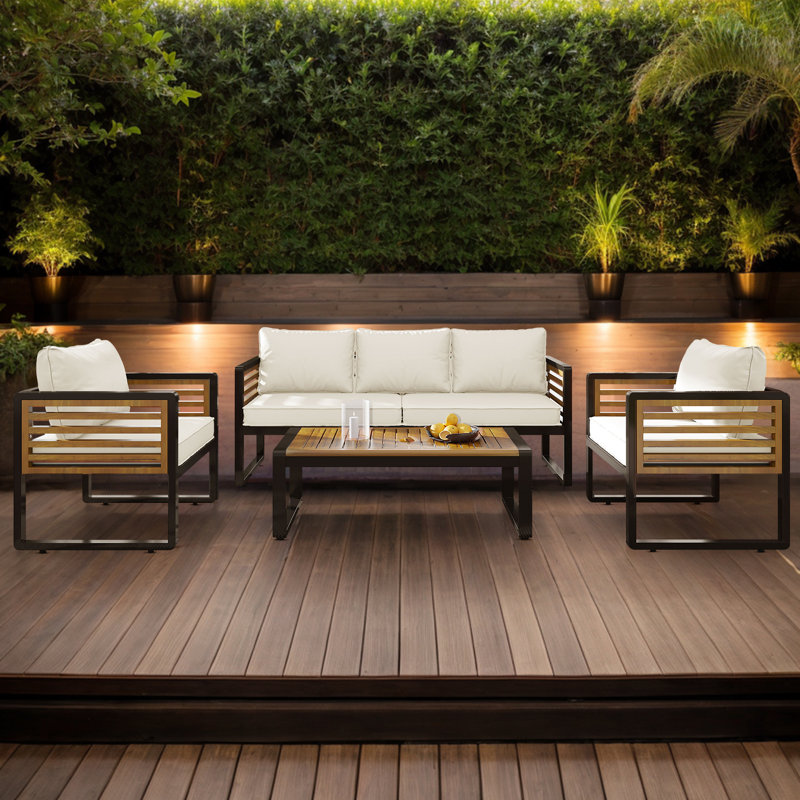 Abdel Outdoor 5 - Person Acacia Sofa Seating Group with Removable Cushion, Brown Metal and Wood Frame, Beige