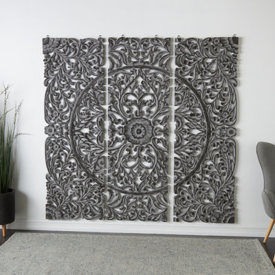 Wooden Handmade Intricately Carved Panel Floral Home Wall Decor with Mandala Design