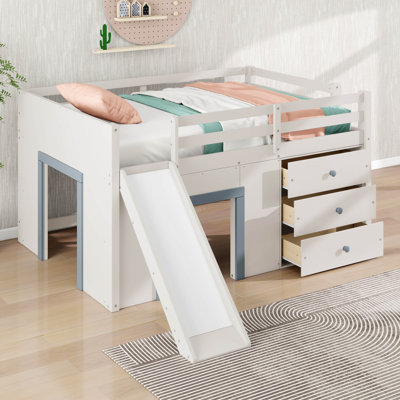 Full Size Low Loft Bed With Slide, Wood Bed Frame With Three Storage Drawers And Two Doors For Kids Boys And Girls