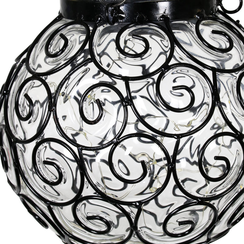 Clear Glass and Black Metal Solar Hanging Lantern with LED Lights