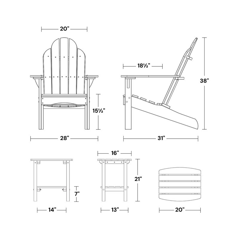 Classic 3-Piece Adirondack Set with Side Table, Black