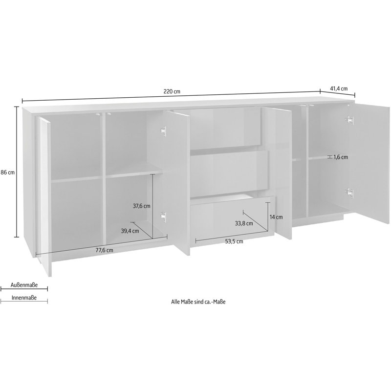 Emina 220cm Sideboard, White Glossy
