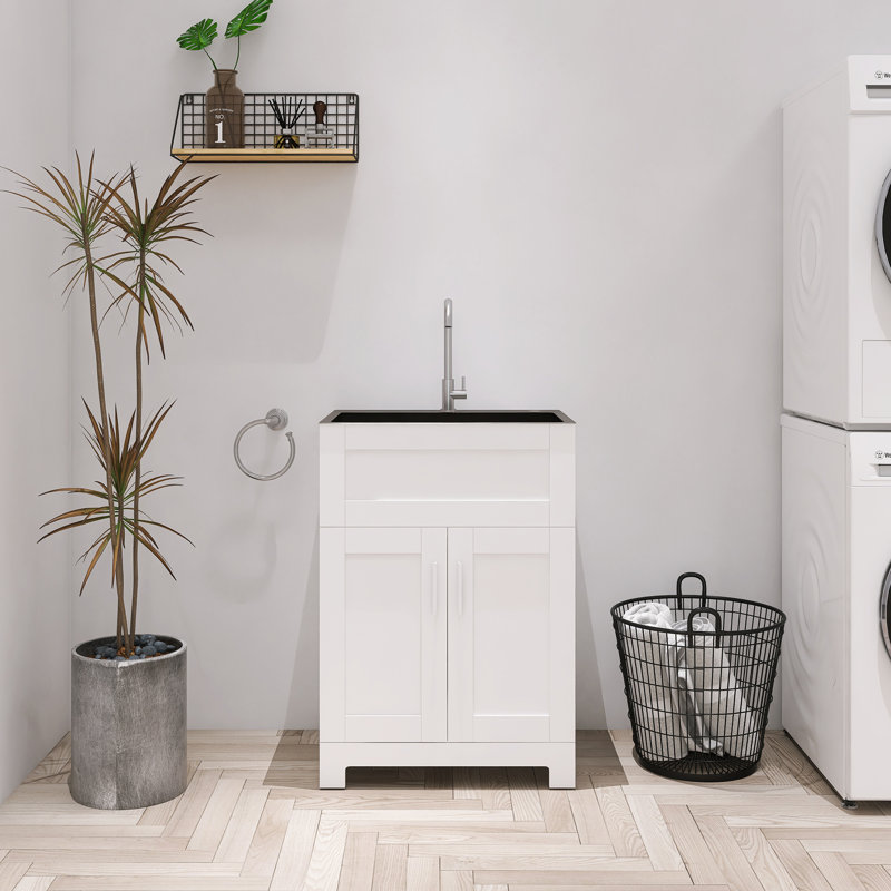 Modern 24-Inch Freestanding Laundry Utility Cabinet With Stainess Steel Sink And Faucet, Drain Head, Gray