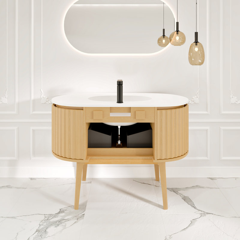 Natural Oak Freestanding Bathroom Vanity with White Solid Surface Top