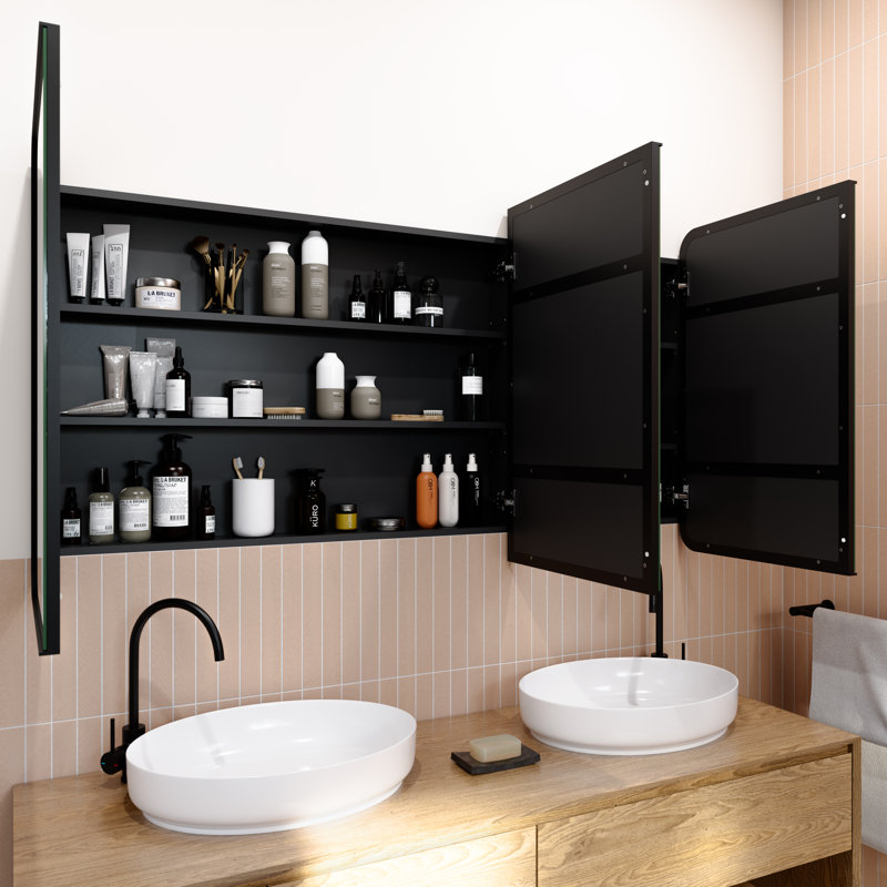 Three Door Steel Frame Square Shape Medicine Cabinet, Black