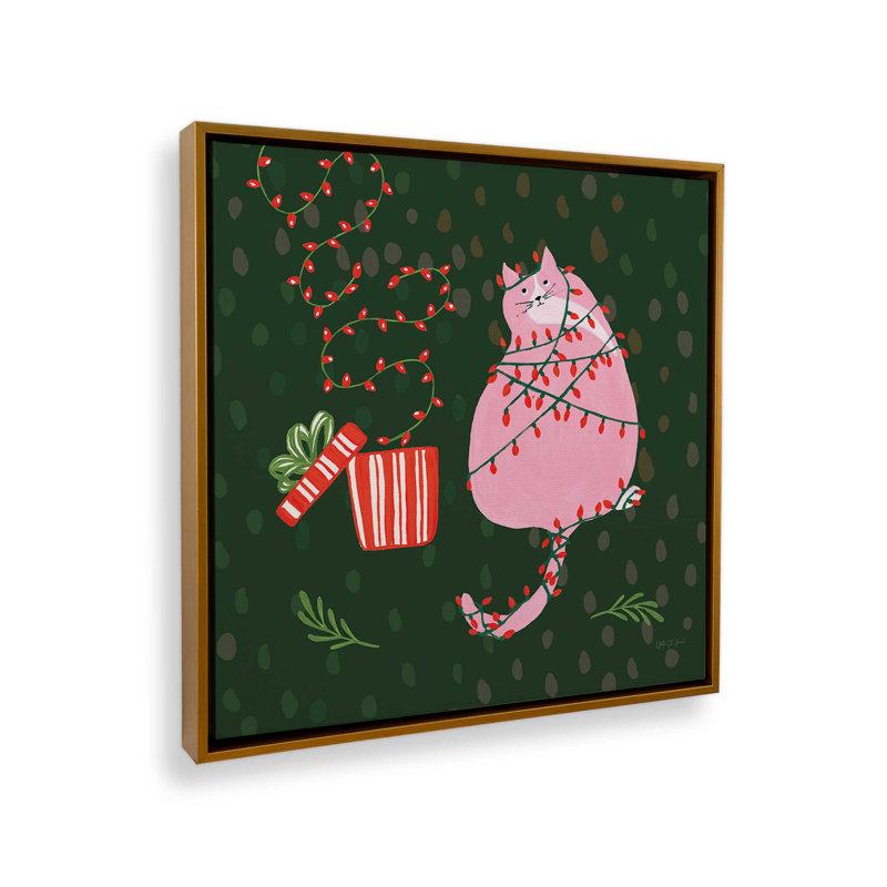 «Mischief Kitty Christmas III» par Yvette St. Amant, reproduction d'art sur toile, H 20 po x l 20 po, Cadre flottant, Doré