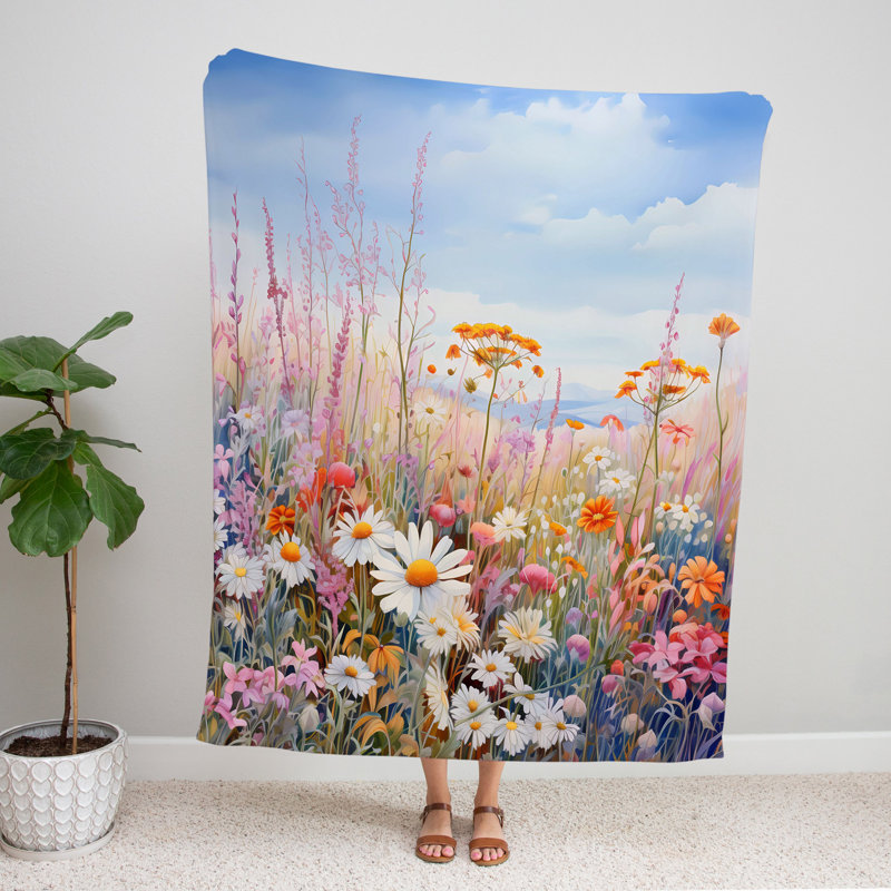 Throw Blanket, 68" W x 80" L, Floral/Abstract, Blue/Orange/White