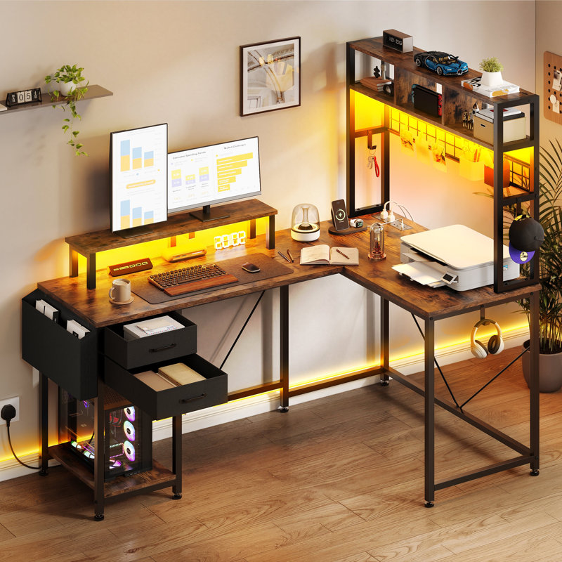 Metal Base Computer Desk with Power Outlet, Brown