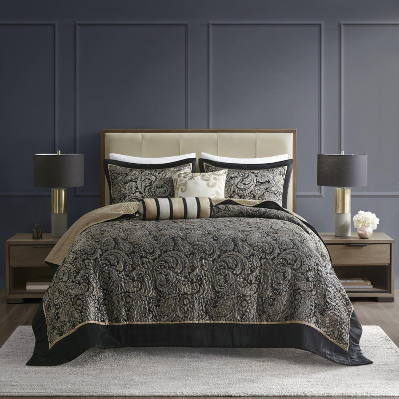 Ensemble de 5 couvre-lits réversibles en polyester jacquard, Noir, Couvre-lit grand + 4 pièces supplémentaires
