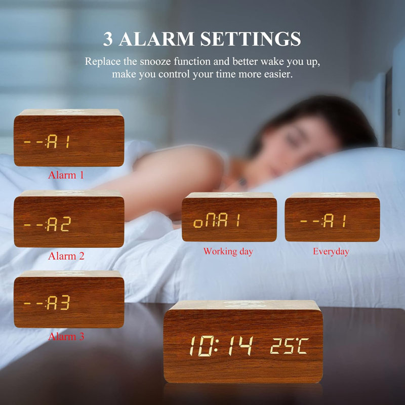 Digital Wood Electric Alarm Tabletop Clock, Brown Wood White Characters