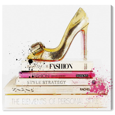 Gold Shoe And Fashion Books Custom, Elegant Heels And Books Modern Gold - Canvas Wall Art Print For Bedroom